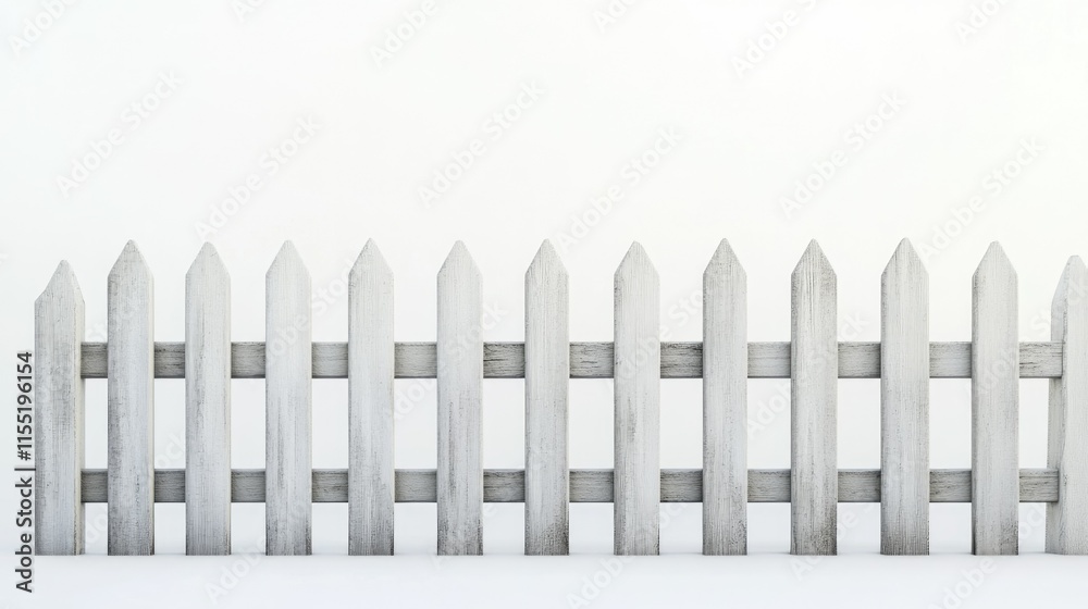 A light gray picket fence with a uniform, minimalist structure, set against a clean white background.