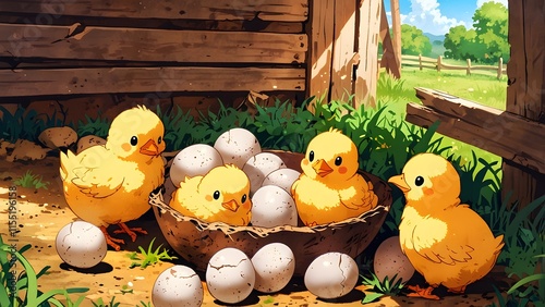 A farmyard with chicks hatching from Easter egg shells, holiday promo poster Easter sale banner background, vibrant colors, romantic love and harmony photo