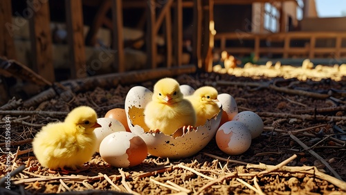 A farmyard with chicks hatching from Easter egg shells, holiday promo poster Easter sale banner background, vibrant colors, romantic love and harmony photo