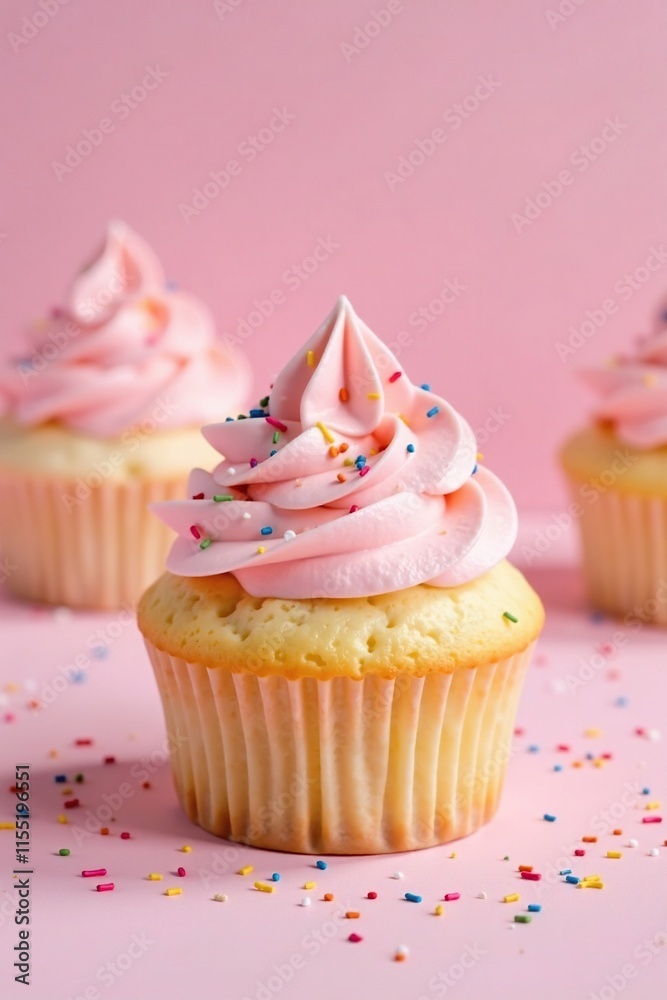 A vanilla cupcake with pale pink cream frosting and a sprinkle of colored sugar, simple background, cupcakes A vanilla cupcake with pale pink cream frosting and a sprinkle of colored sugar, simple background, cupcakes