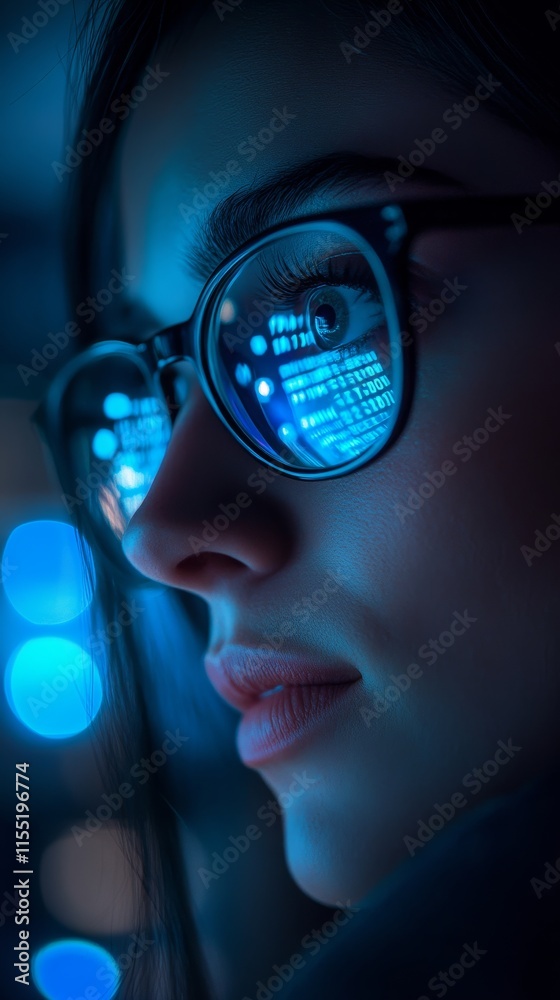 Programmer working late at night and reflecting code in glasses Programmer working late at night and reflecting code in glasses