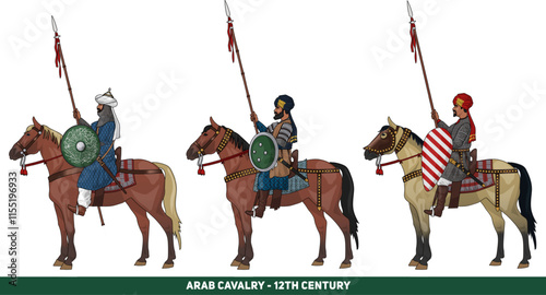 Set of Three Arabian Cavalrymen or Horsemen From 11th or 12th Century During Crusades, Isolated on Transparent Background, Vector EPS 10