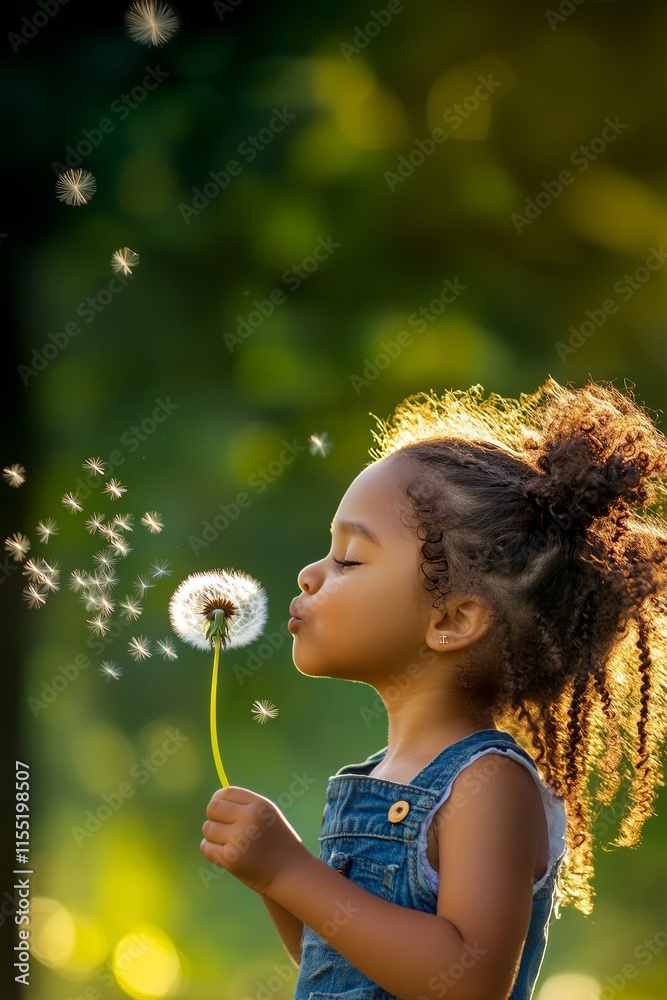 Young Girl Blowing Dandelion Seeds in a Lush Green Park Young Girl Blowing Dandelion Seeds in a Lush Green Park