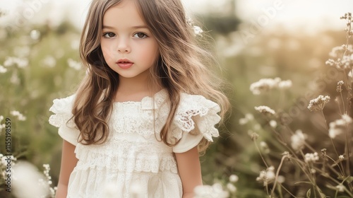 Beautiful Young Girl in White Dress in a Blooming Meadow