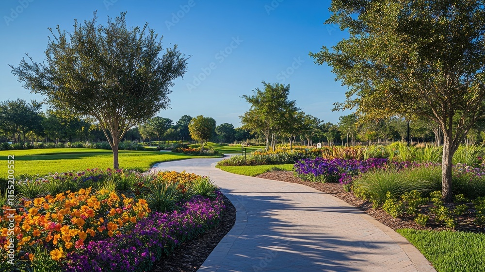 Obraz premium A vibrant park scene with a paved pathway winding through colorful flower beds, trees, and a clear blue sky overhead.