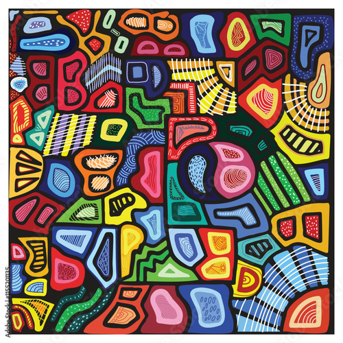 Seamless abstract colorful pattern with various shapes and lines, bordered by blue, yellow, and red frames, painting featuring bold colors, enclosed within a sleek square frame, 