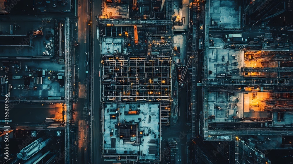 Aerial View of Industrial Complex at Night with Illuminated Structures and Organized Layout Highlighting Manufacturing and Urban Development Aerial View of Industrial Complex at Night with Illuminated Structures and Organized Layout Highlighting Manufacturing and Urban Development