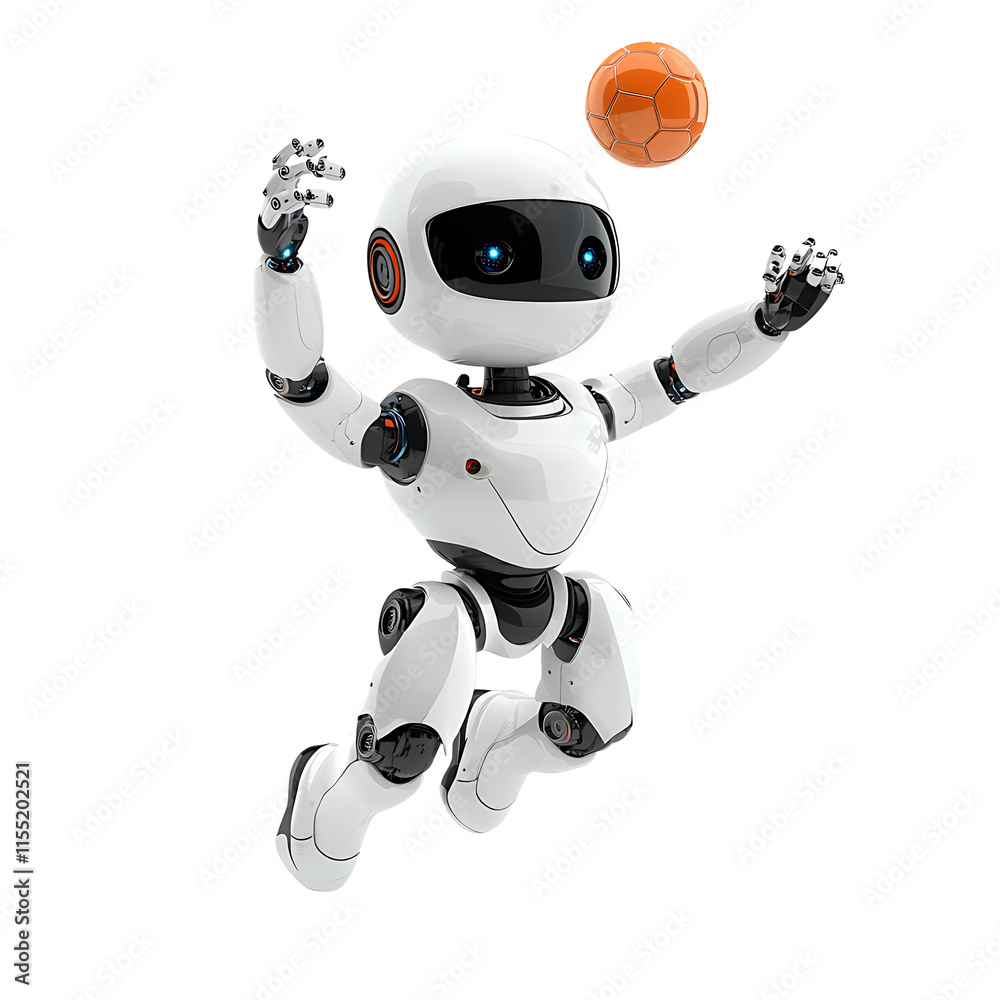 Robotics jumping happily in the air catching a ball, isolated on a transparent background Robotics jumping happily in the air catching a ball, isolated on a transparent background