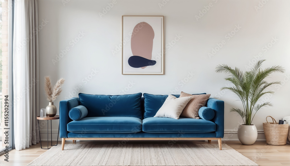 Fototapeta premium Modern living room with blue sofa, beige cushions, abstract art, wooden legs, natural light from large window, cozy atmosphere, indoor plants, minimalist decor, and soft neutral tones.