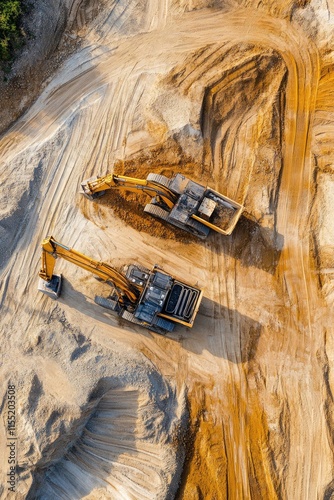 Aerial view of construction machinery working on sandy terrain.