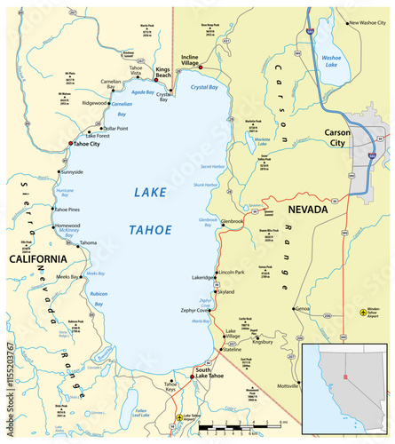 Map of Lake Tahoe, California, Nevada, USA