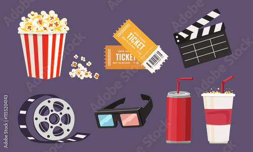 Set of cinema icons popcorn, carbonated drinks, soda, tickets, 3D glasses, cinema film, clapper Time in the cinema. Vector images. Isolated