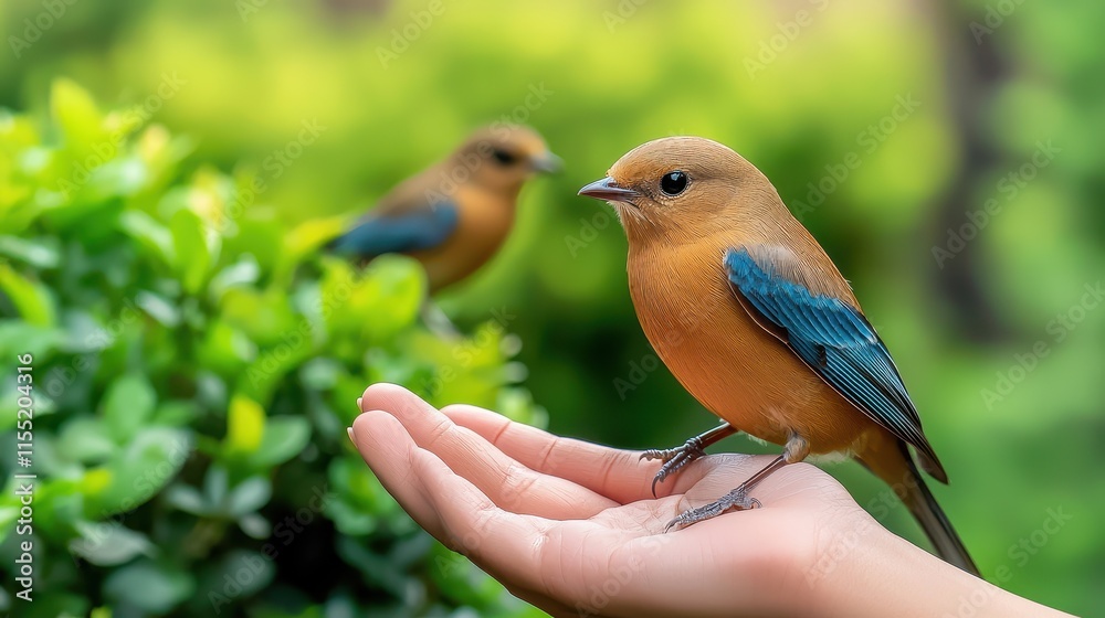 Obraz premium A Bird in Hand Concept, Delicate Hand Cradling Bright Bird with Natural Green Background and Another Bird Faintly Visible Nearby