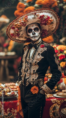 Elegant man wearing traditional outfit and calavera makeup posing during day of the dead celebration