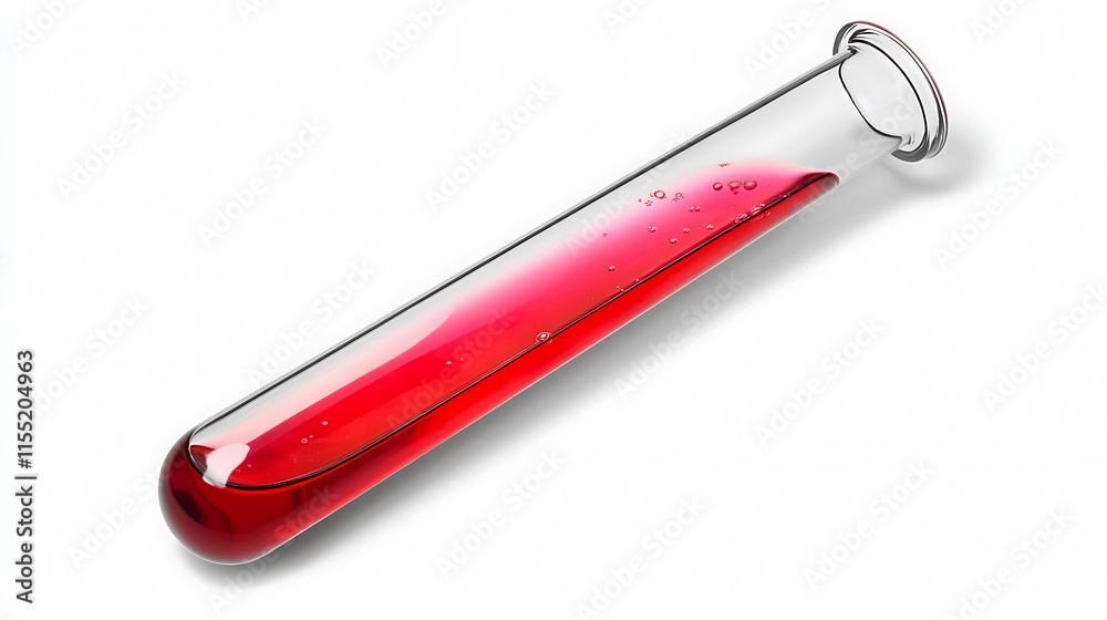 Close-up of a test tube with red liquid, isolated on white background.