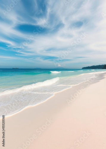 Tropical paradise, pristine white sandy beach, crystal clear turquoise waters, gentle ocean waves, wispy cirrus clouds, blue sky, serene coastal landscape, tranquil seascape, idyllic shoreline, Caribb