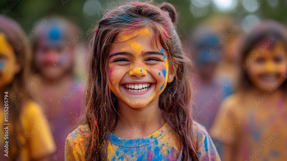 Children laughing and running while playing with colorful Holi powders in a park setting Children laughing and running while playing with colorful Holi powders in a park setting