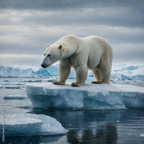 A polar bear standing on an icy peak overlooking the sea.
