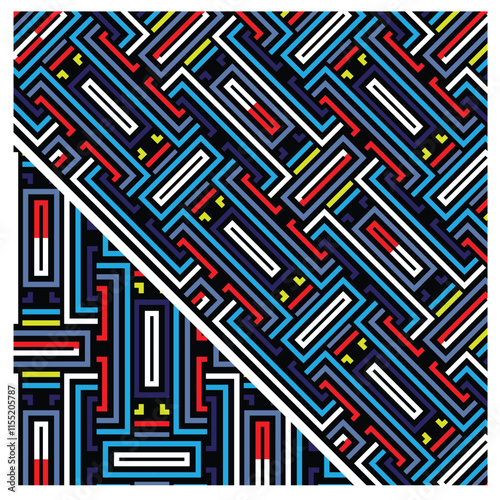 Abstract geometric pattern with zigzag lines in a square frame, An intricate square pattern showcasing geometric shapes and lines, emphasizing symmetry and structure.