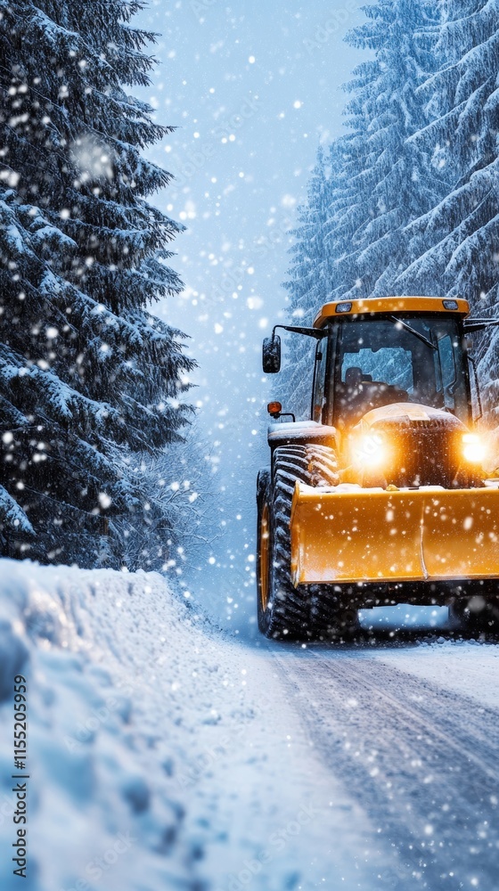 Tractor plowing snow on snowy road in winter forest Tractor plowing snow on snowy road in winter forest