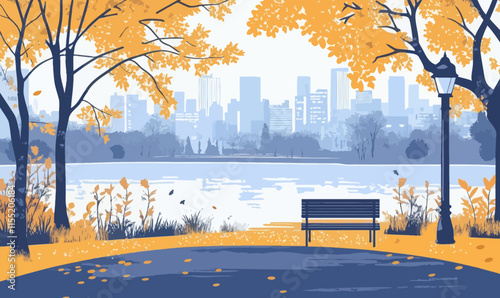 Autumn City Park with Yellow Foliage, Bench View, and Lakefront Pathway Scene