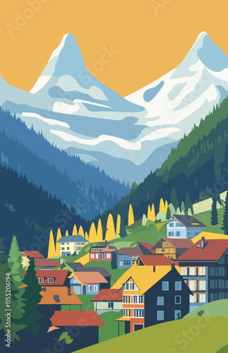 Scenic Wengen Village Summer Landscape with Bernese Alps in Minimalist Vector Style