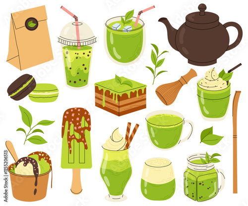 Matcha set. Tools for making matcha drink. Illustrations green tea, cup, ice cream, cake, macaroon, tea leaves, smoothie. Paper packaging of tea.