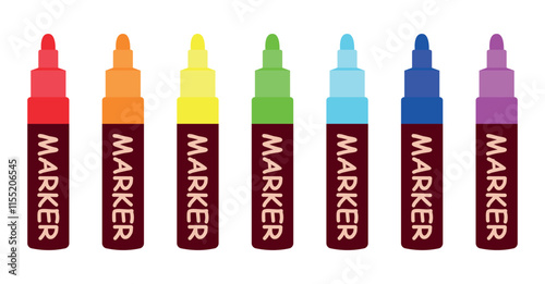 Colorful marker pens set. 7 bright rainbow colours. Children and artist pencils. Kids vivid painting tools, various color palette. Office highlighters design elements. Back to school