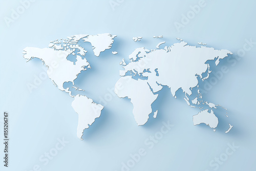Detailed 3D illustrated global world map with continents and countries in blue color