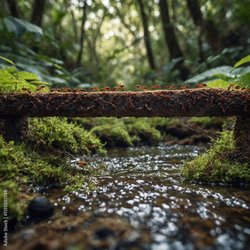 Fototapeta premium A colony of ants building a bridge across a stream in the forest.