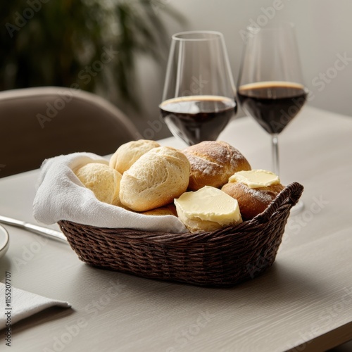 Warm bread basket on a dining table. Featuring assorted rolls and butter