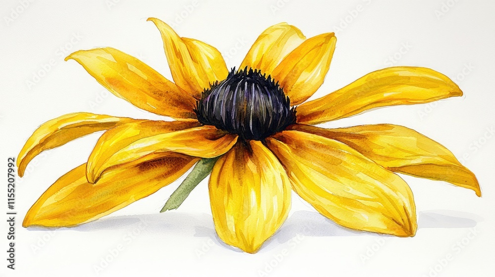 Obraz premium Vibrant Watercolor Illustration of a Yellow Black-Eyed Susan Flower with Detailed Petals and Green Stem on a White Background