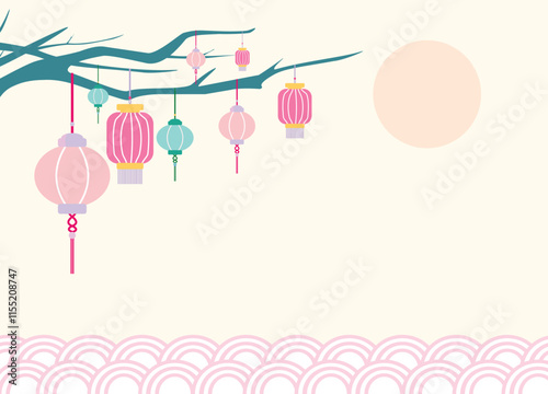 A vibrant and charming scene featuring a colorful lantern hanging delicately from a branch under the sunset
