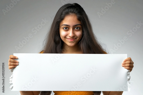 Young Indian model holding a blank board or rexine sheet, standing against a light grey background. For advertisements and commercial use. photo