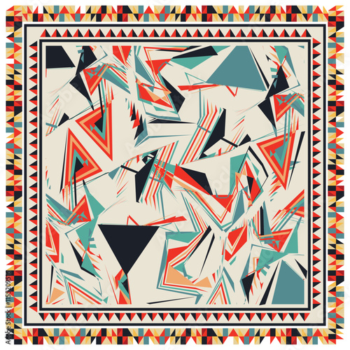 Abstract intertwined circle pattern with red, green, and blue striped, bordered by concentric frames, A pattern enclosed within a square frame, showcasing a harmonious blend of hues and designs.
