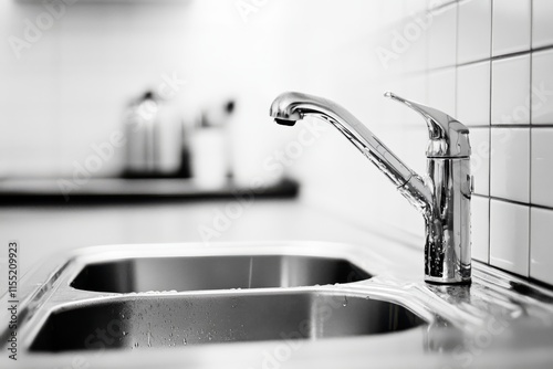 Close-up of a modern kitchen sink with a chrome faucet.