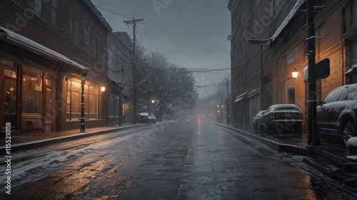 Cold and Snow Night in the City, Winter Season, Fog Road, using generative ai