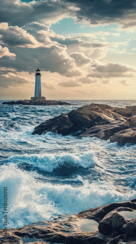 Fototapeta premium Landscape with a lighthouse and a raging sea. Picturesque picture, screensaver on the phone screen
