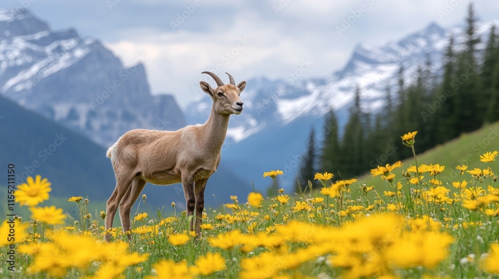 Fototapeta premium Mountain goat in a field of wildflowers, majestic scenery.