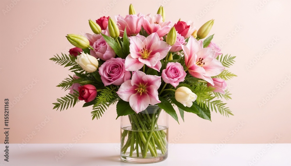 Obraz premium Beautiful mixed flower bouquet featuring pink lilies and roses in a glass vase