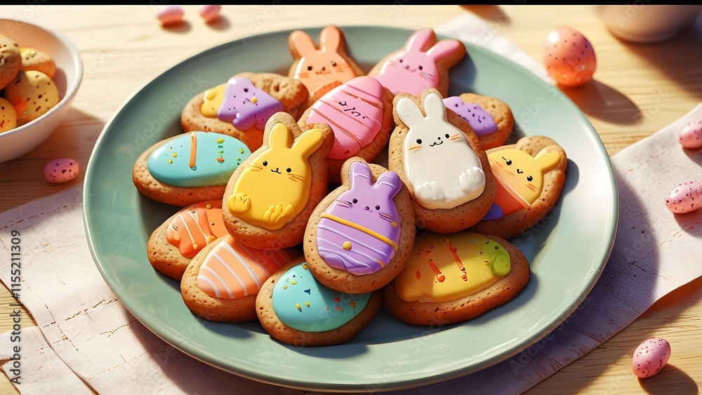 A plate of cookies shaped like Easter eggs and bunnies, holiday promo poster Easter sale banner background, vibrant colors, romantic love and harmony A plate of cookies shaped like Easter eggs and bunnies, holiday promo poster Easter sale banner background, vibrant colors, romantic love and harmony
