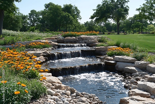 Cascading Waterfall Landscape With Orange Flowers photo