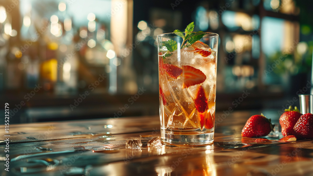 A refreshing cocktail elegantly isolated on a black background. The drink appears chilled with visible ice cubes.