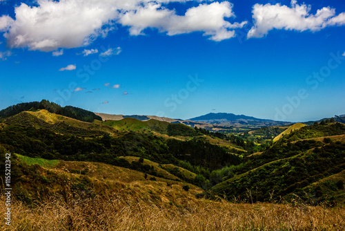 Beautiful mountain landscape in summer. Green rolling hills and distant wind turbines. Waikato, New Zealand