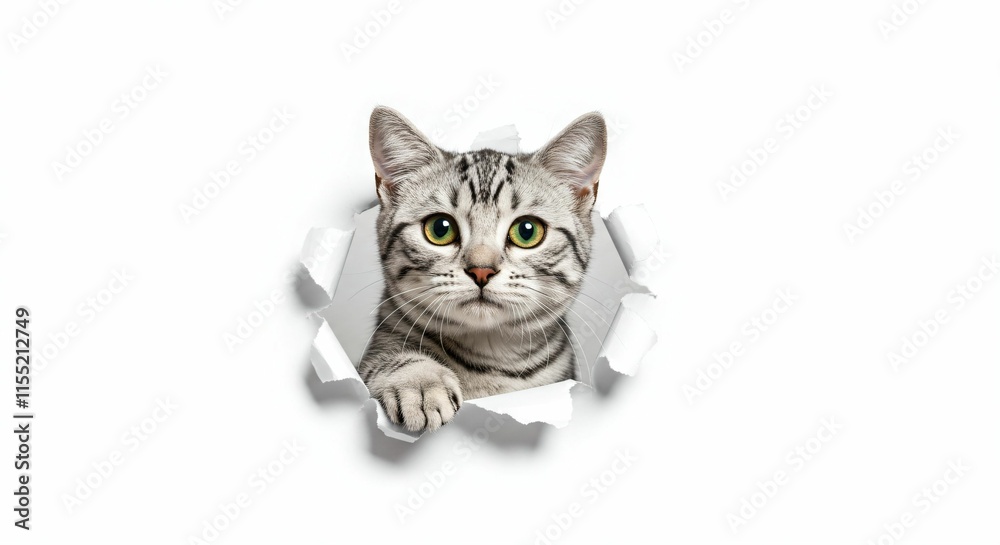 Obraz premium Adorable American Shorthair Cat Emerging Through Torn Paper on White Background