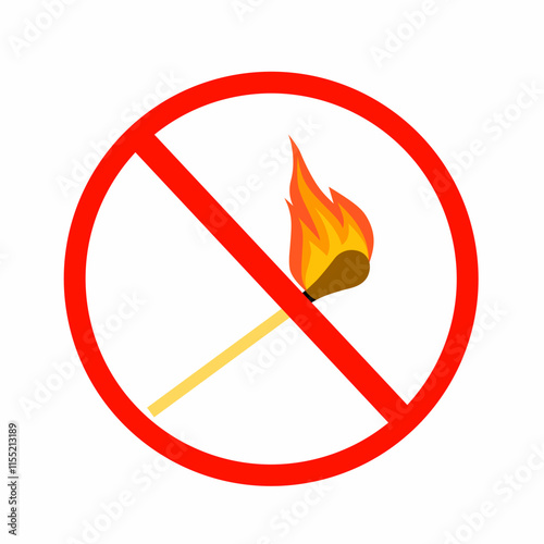 Vector graphic illustration of a safety sign prohibiting open flames, represented by a crossed out burning match.