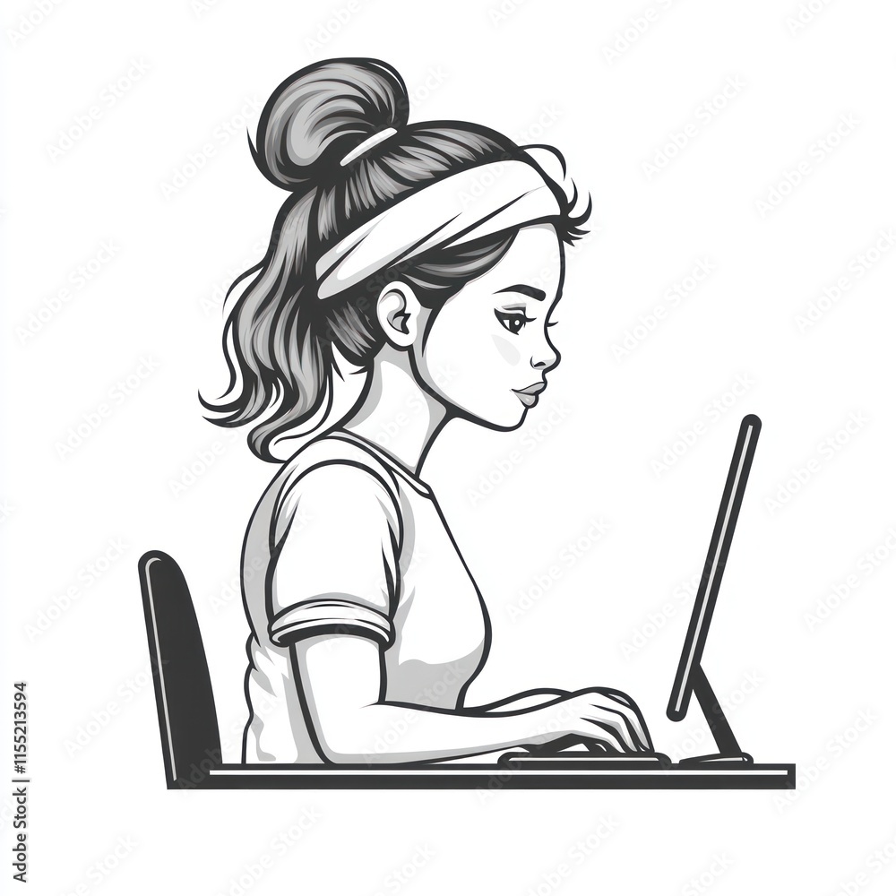 Woman working on computer, profile view. Woman working on computer, profile view.