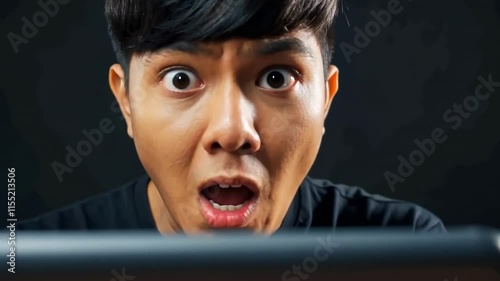 Surprised reaction to shocking news on tablet screen