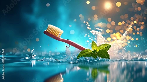 A toothbrush splashes in water with mint leaves, symbolizing freshness and oral hygiene. photo