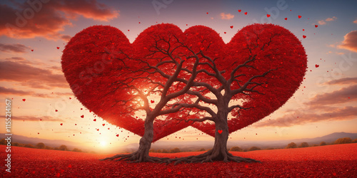 Tree of love. Red heart shaped tree at sunset. Beautiful landscape with red tree and falling leaves.Love background